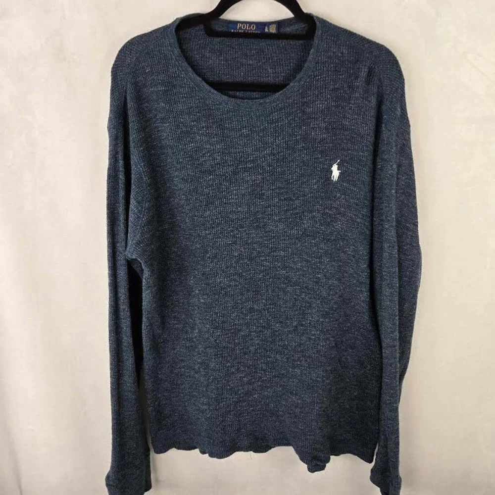 Polo Ralph Lauren Mens XL Blue Gray Waffle Knit‎ Thermal Long Sleeve Crew Shirt